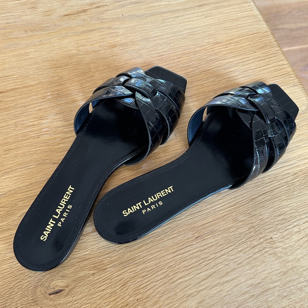 Authentic Brand New YSL Saint Laurent Tribute Sandals Black Patent Leather sz 39